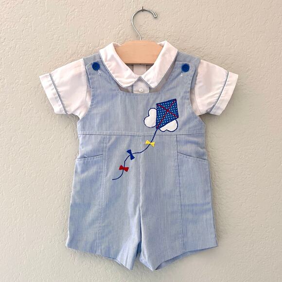 Vintage Tiny Tots Boys 24M Kite Applique Jon Jon One Piece Shortall Set Summer - Picture 1 of 9